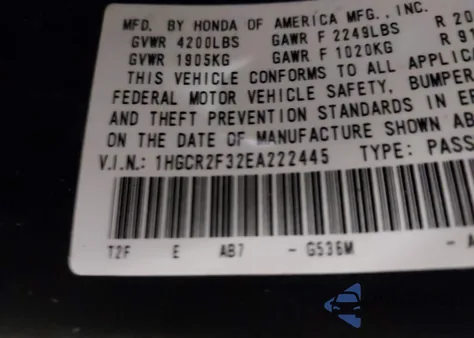 2014 Honda Accord Lx из США, поврежденный, VIN 1HGCR2F32EA222445